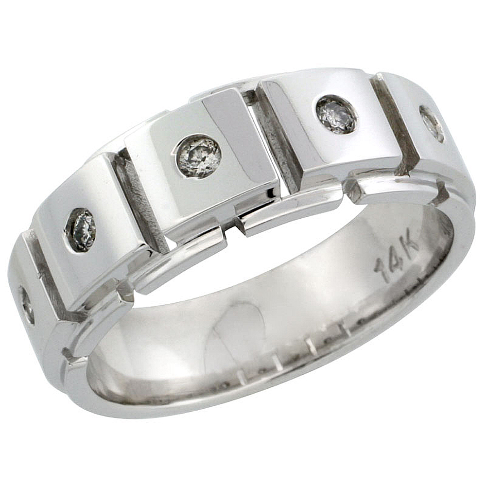 14k White Gold 5-Stone Men&#039;s Diamond Ring Band w/ 0.24 Carat Brilliant Cut Diamonds, 5/16 in. (8mm) wide