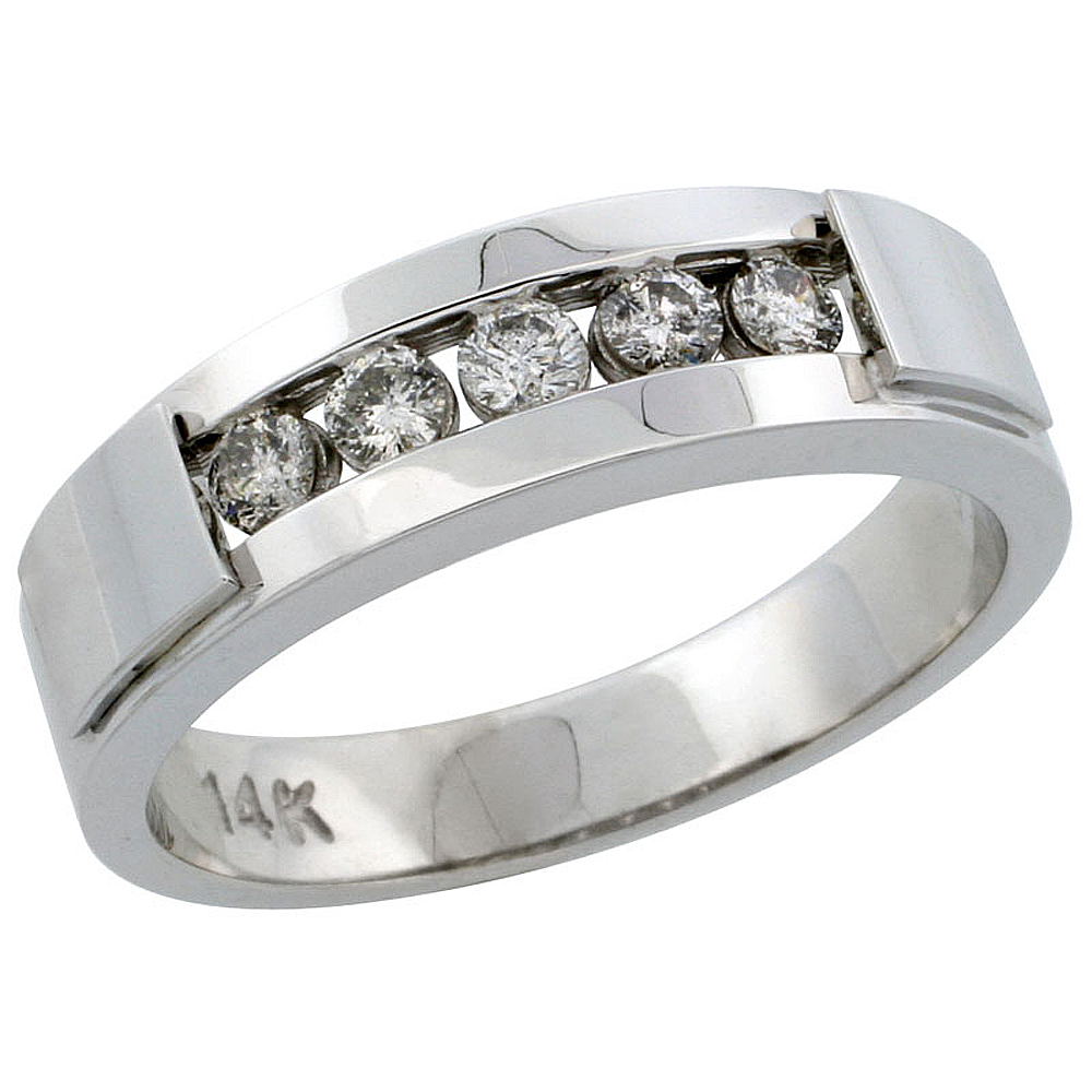14k White Gold 5-Stone Men&#039;s Diamond Ring Band w/ 0.40 Carat Brilliant Cut Diamonds, 1/4 in. (6mm) wide