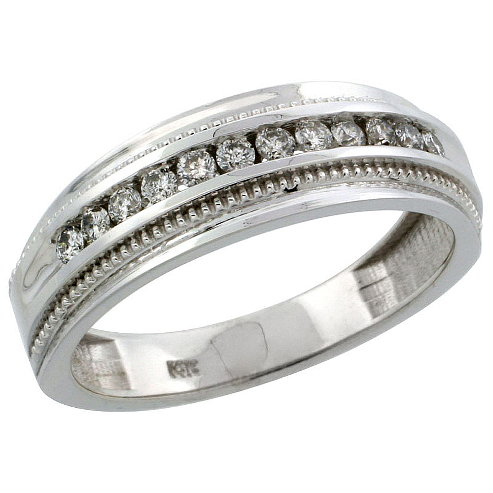 14k White Gold 12-Stone Milgrain Design Men&#039;s Diamond Ring Band w/ 0.31 Carat Brilliant Cut Diamonds, 1/4 in. (7mm) wide