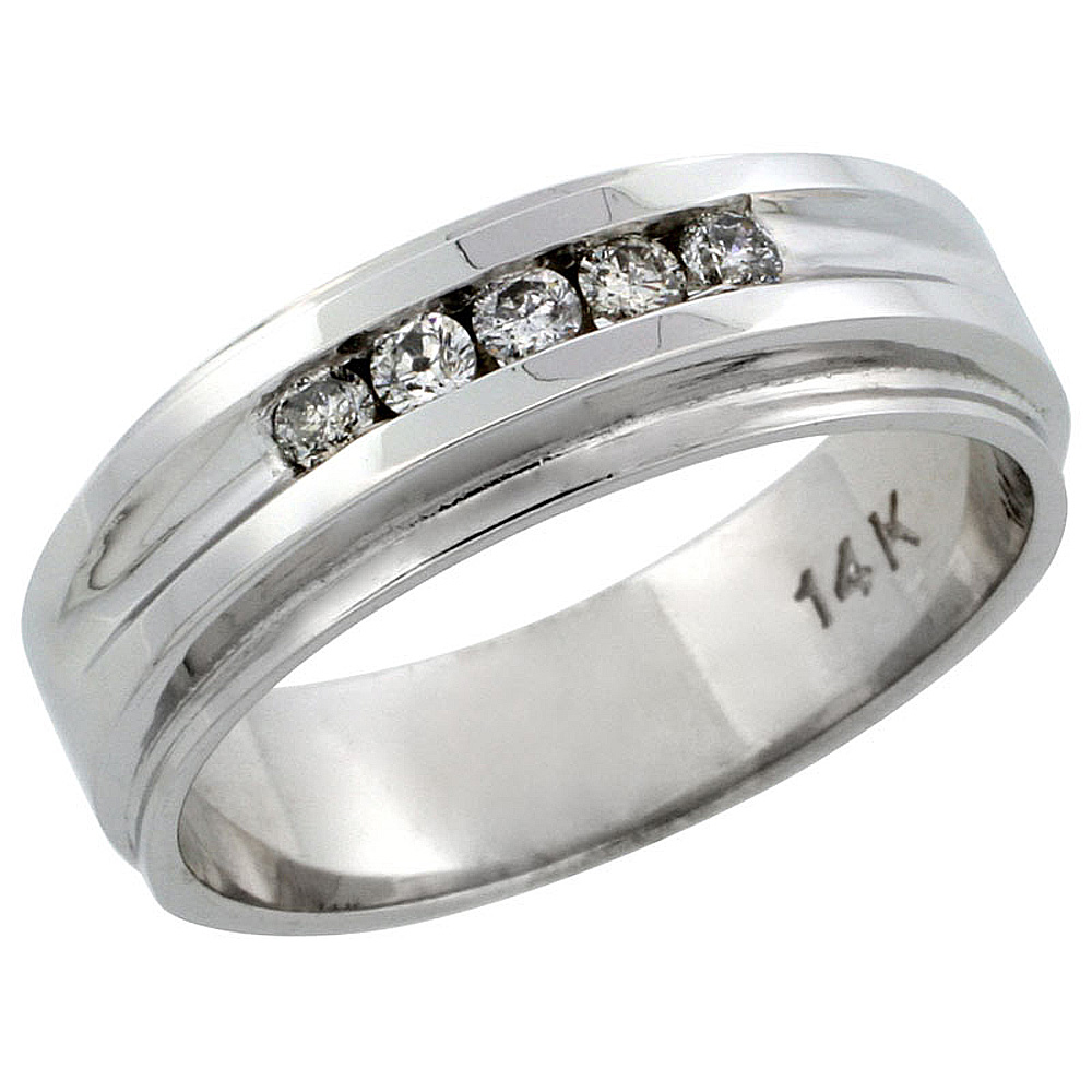14k White Gold 5-Stone Men's Diamond Ring Band w/ 0.23 Carat Brilliant Cut Diamonds, 1/4 in. (7mm) wide