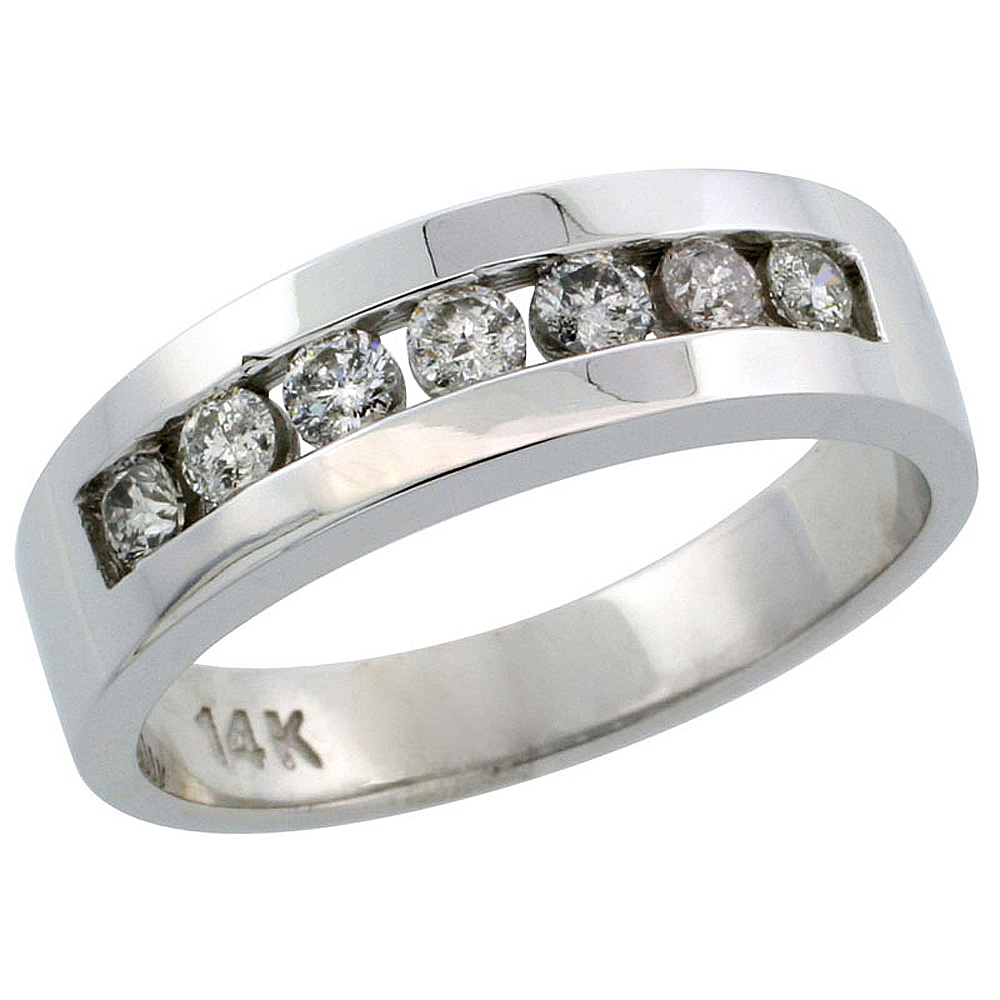 14k White Gold 7-Stone Men's Diamond Ring Band w/ 0.64 Carat Brilliant Cut Diamonds, 1/4 in. (6.5mm) wide
