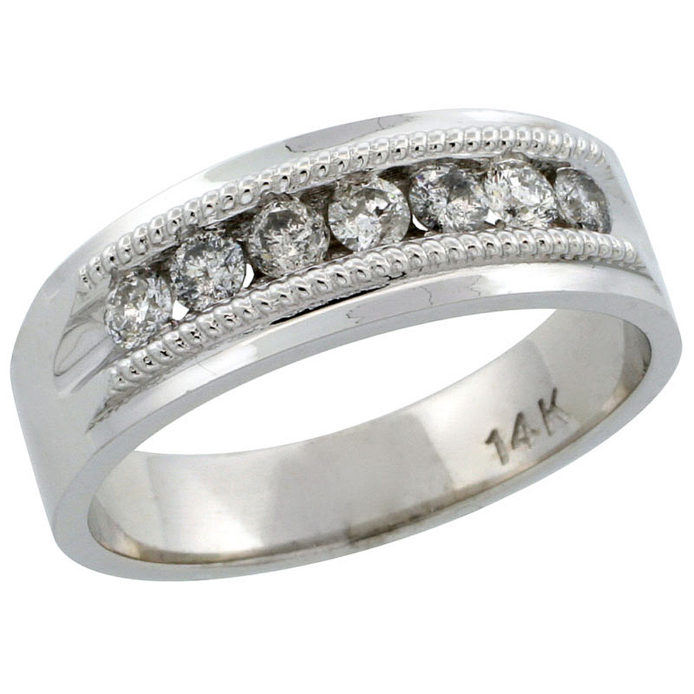 14k White Gold 7-Stone Milgrain Design Men's Diamond Ring Band w/ 0.64 Carat Brilliant Cut Diamonds, 9/32 in. (7mm) wide