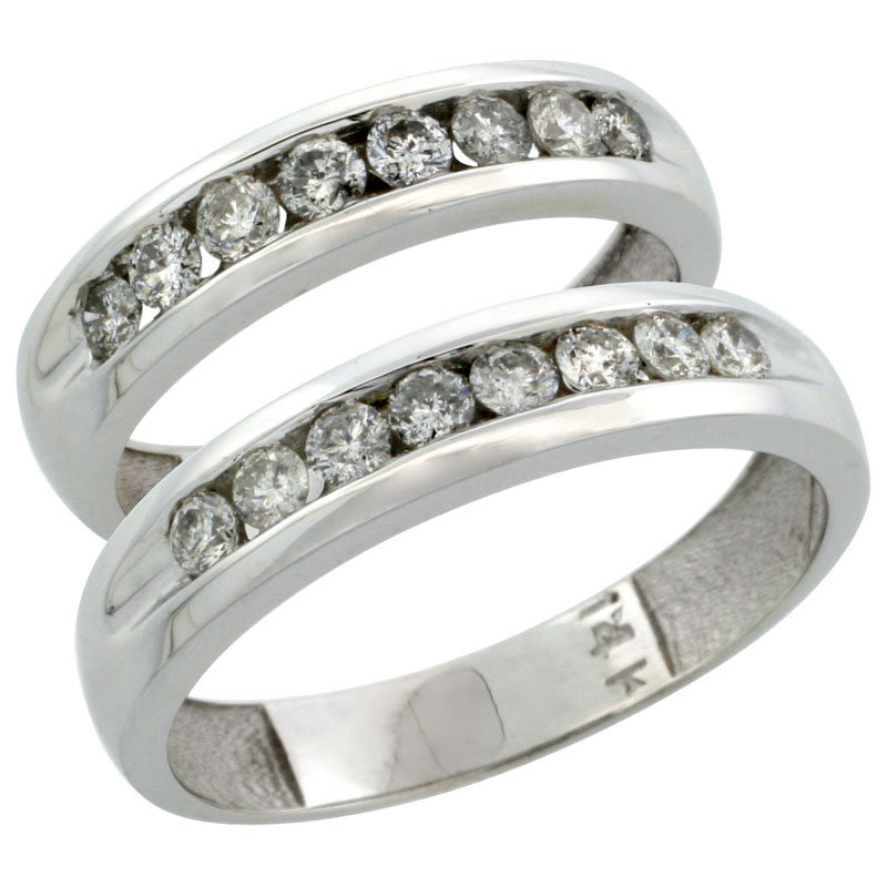 14k White Gold 2-Piece His (5mm) &amp; Hers (4.5mm) Diamond Wedding Ring Band Set w/ 0.94 Carat Brilliant Cut Diamonds; (Ladies Size 5 to10; Men&#039;s Size 8 to 12.5)