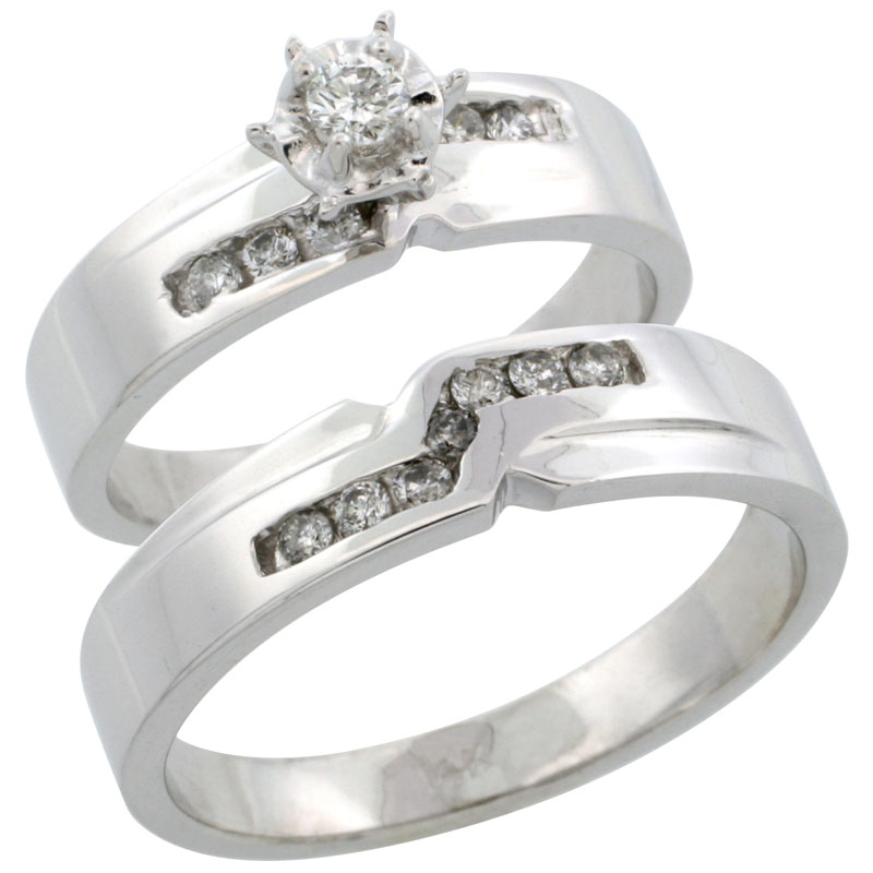 14k White Gold 2-Piece Diamond Ring Band Set w/ Rhodium Accent ( Engagement Ring &amp; Man&#039;s Wedding Band ), w/ 0.31 Carat Brilliant Cut Diamonds, ( 5mm; 5mm ) wide