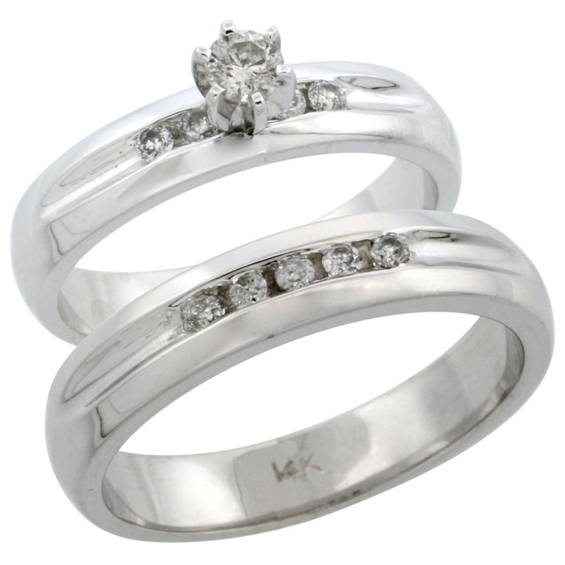 14k White Gold 2-Piece Diamond Ring Band Set w/ Rhodium Accent ( Engagement Ring &amp; Man&#039;s Wedding Band ), w/ 0.35 Carat Brilliant Cut Diamonds, ( 4.5mm; 4.5mm ) wide