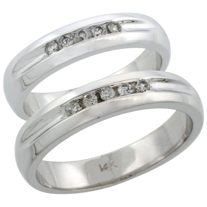 14k White Gold 2-Piece His (4.5mm) &amp; Hers (4.5mm) Diamond Wedding Ring Band Set w/ 0.20 Carat Brilliant Cut Diamonds; (Ladies Size 5 to10; Men&#039;s Size 8 to 14)