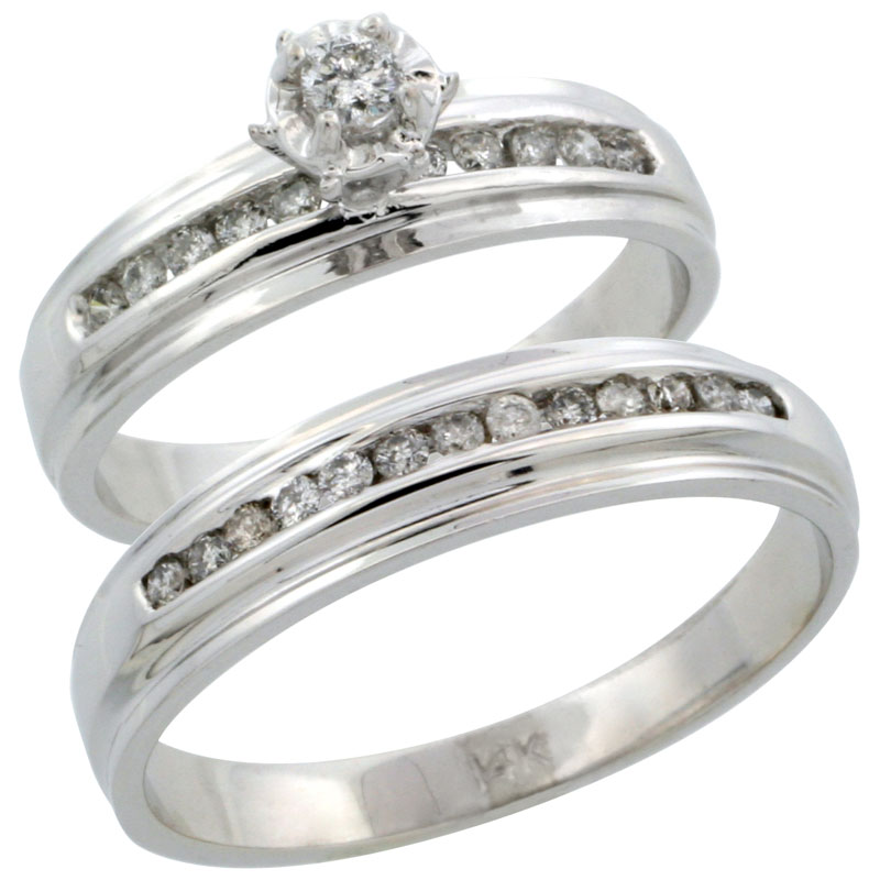 14k White Gold 2-Piece Diamond Ring Band Set w/ Rhodium Accent ( Engagement Ring & Man's Wedding Band ), w/ 0.40 Carat Brilliant Cut Diamonds, ( 5mm; 5mm ) wide