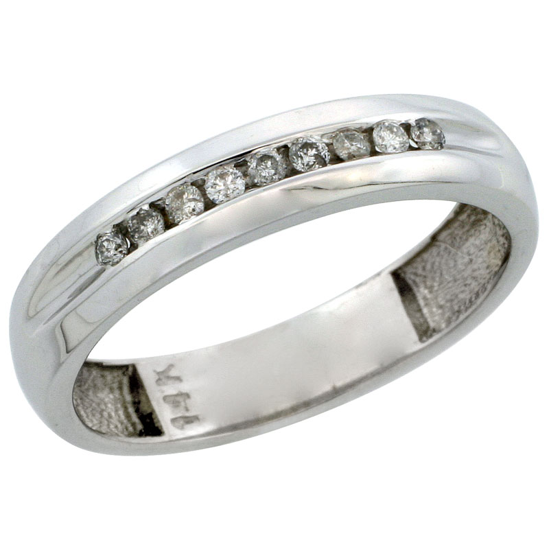 14k White Gold Men&#039;s Diamond Ring Band w/ 0.16 Carat Brilliant Cut Diamonds, 3/16 in. (5mm) wide