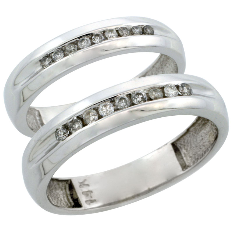 14k White Gold 2-Piece His (5mm) &amp; Hers (4mm) Diamond Wedding Ring Band Set w/ 0.27 Carat Brilliant Cut Diamonds; (Ladies Size 5 to10; Men&#039;s Size 8 to 14)
