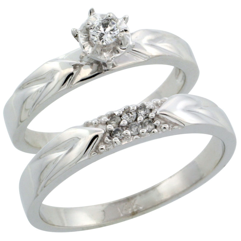 14k White Gold 2-Piece Diamond Ring Band Set w/ Rhodium Accent ( Engagement Ring &amp; Man&#039;s Wedding Band ), w/ 0.13 Carat Brilliant Cut Diamonds, ( 3.5mm; 3.5mm ) wide