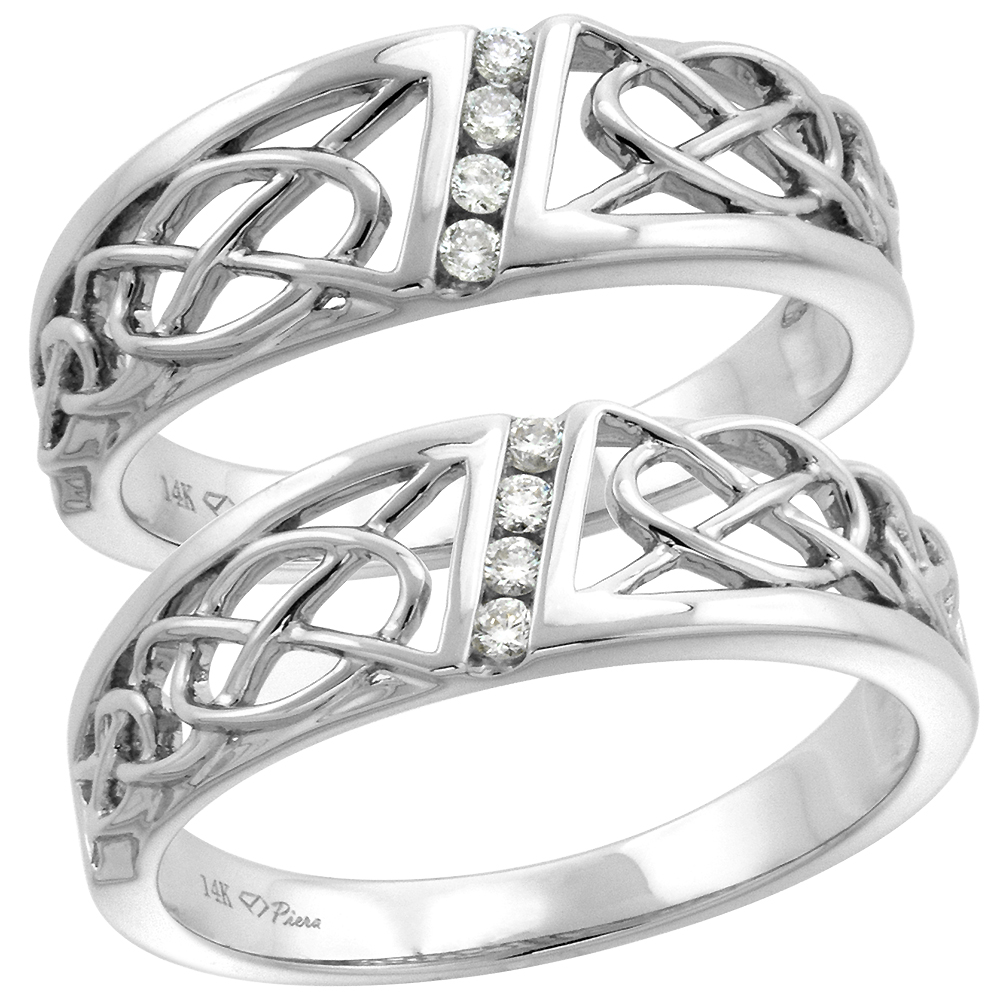 14k White Gold Genuine Diamond Celtic Knot Wedding Band Channel Set 6mm Ladies and 7mm Mens, size 5-10
