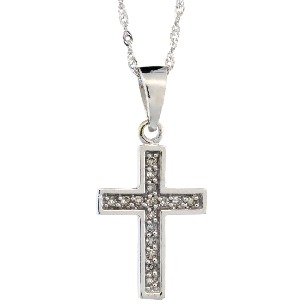 14k White Gold 18 in. Chain & 11/16 in. (18mm) tall Small Diamond Latin Cross Pendant, w/ 0.10 Carat Brilliant Cut Diamonds