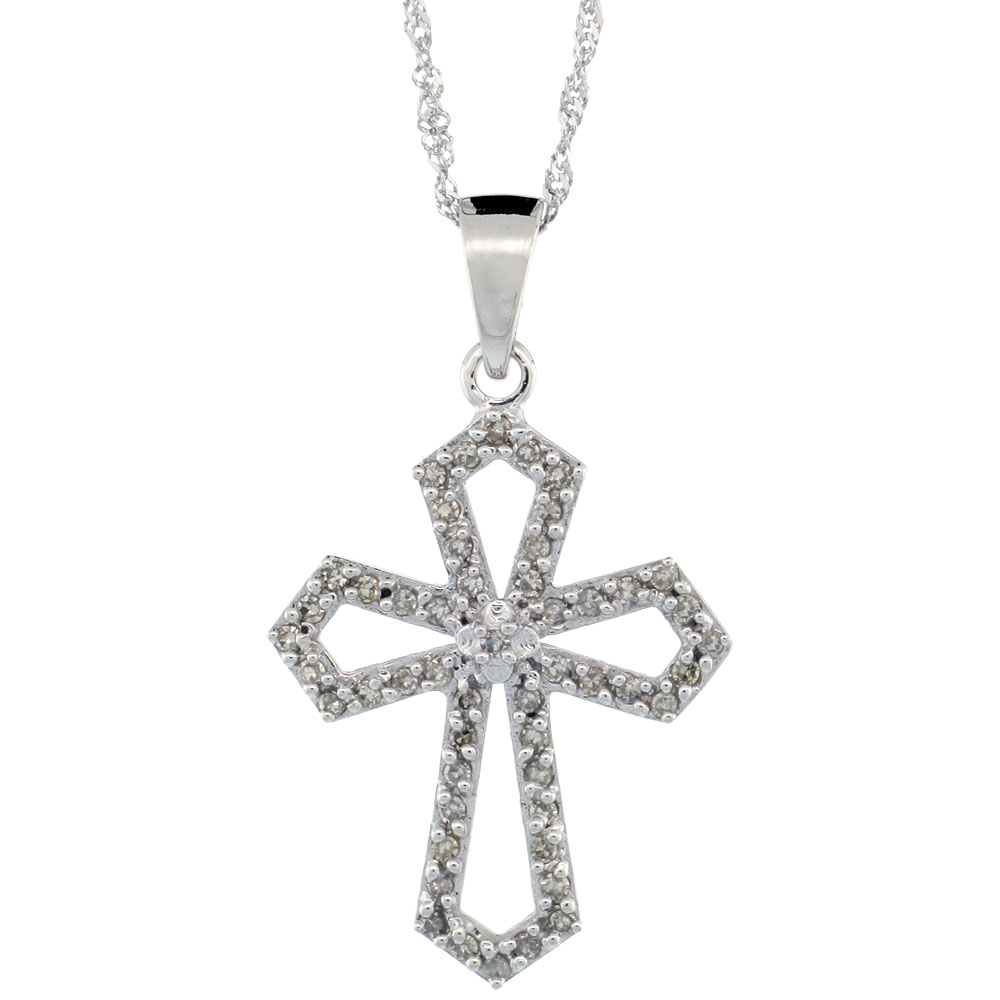 14k White Gold 18 in. Chain & 7/8 in. (22mm) tall Diamond Gothic Cross Cut Out Pendant, w/ 0.31 Carat Brilliant Cut Diamonds