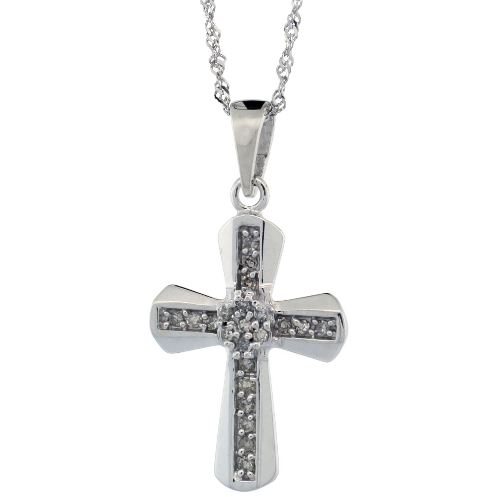 14k White Gold 18 in. Chain & 13/16 in. (21mm) tall Diamond Clustered Cross Pendant, w/ 0.14 Carat Brilliant Cut Diamonds