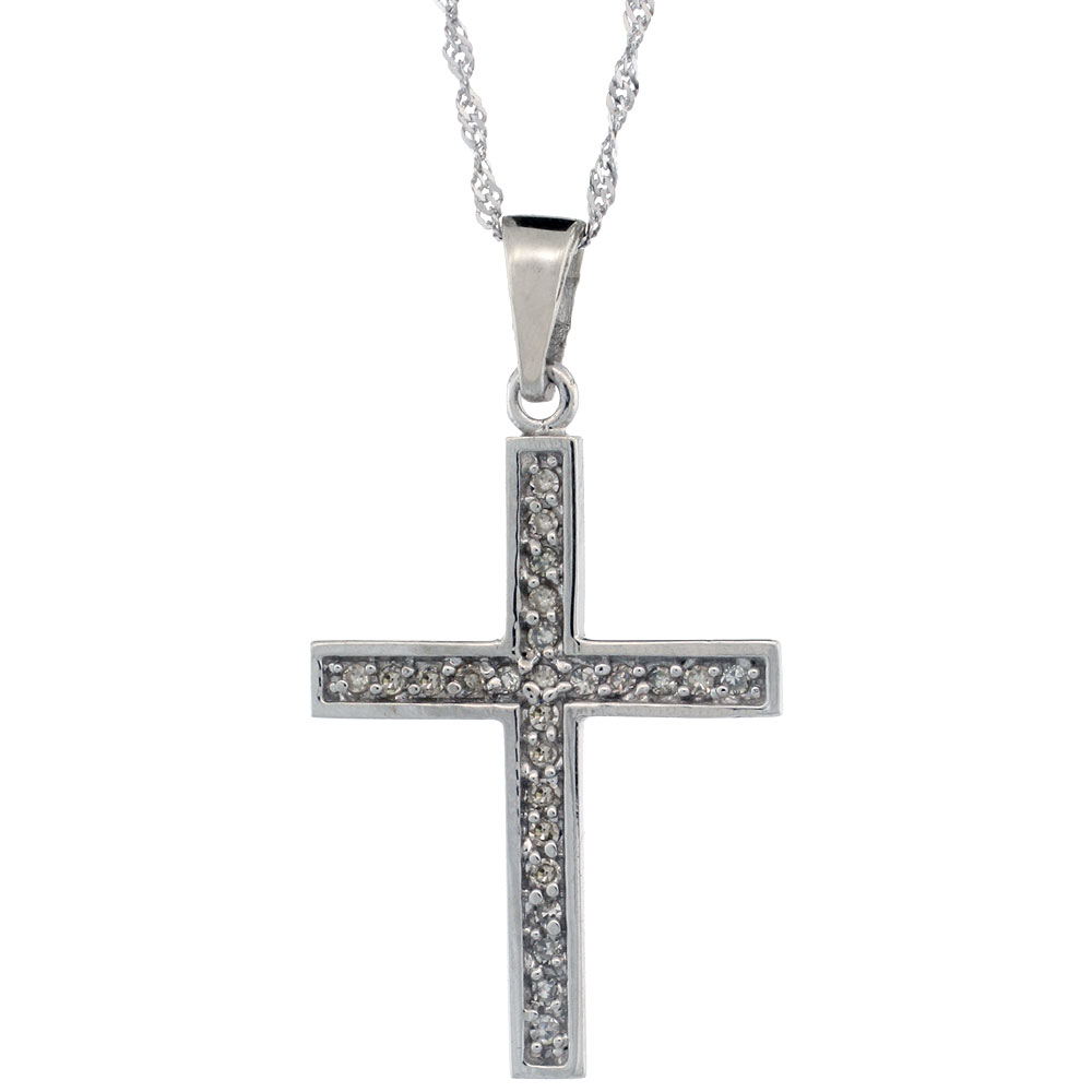 14k White Gold 18 in. Chain & 15/16 in. (24mm) tall Diamond Latin Cross Pendant, w/ 0.15 Carat Brilliant Cut Diamonds