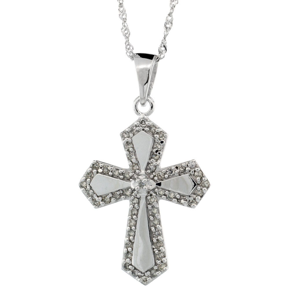 14k White Gold 18 in. Chain & 7/8 in. (22mm) tall Diamond Gothic Cross Pendant, w/ 0.31 Carat Brilliant Cut Diamonds