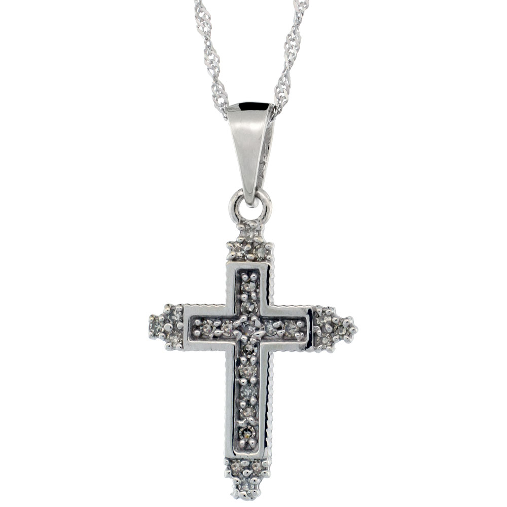 14k White Gold 18 in. Chain & 3/4 in. (19mm) tall Tiny Diamond Fleury Cross Pendant, w/ 0.15 Carat Brilliant Cut Diamonds