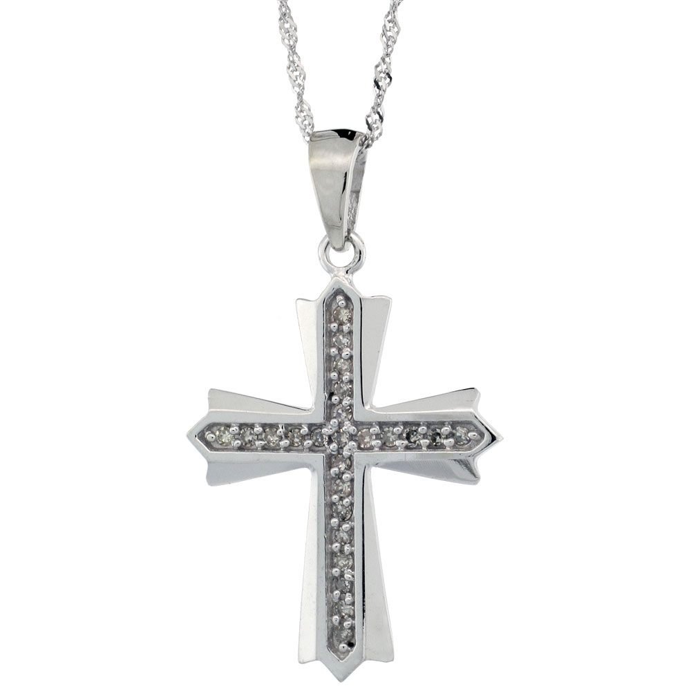 14k White Gold 18 in. Chain & 1 in. (25mm) tall Diamond Cross Patonce Pendant, w/ 0.15 Carat Brilliant Cut Diamonds