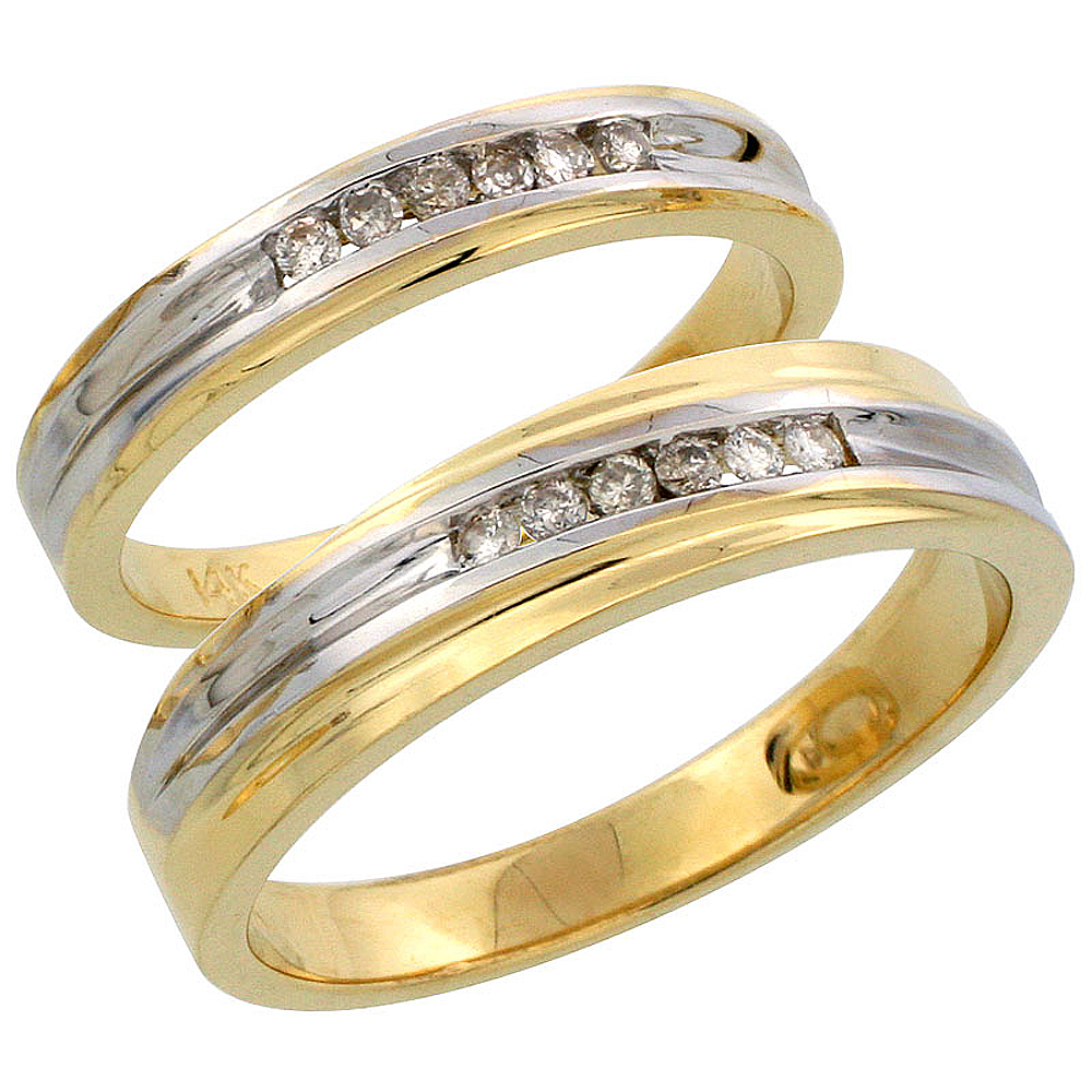 14k Gold 2-Piece His (5mm) & Hers (3.5mm) Diamond Wedding Band Set w/ Rhodium Accent, w/ 0.18 Carat Brilliant Cut Diamonds; (Ladies Size 5 to10; Men's Size 8 to 14)