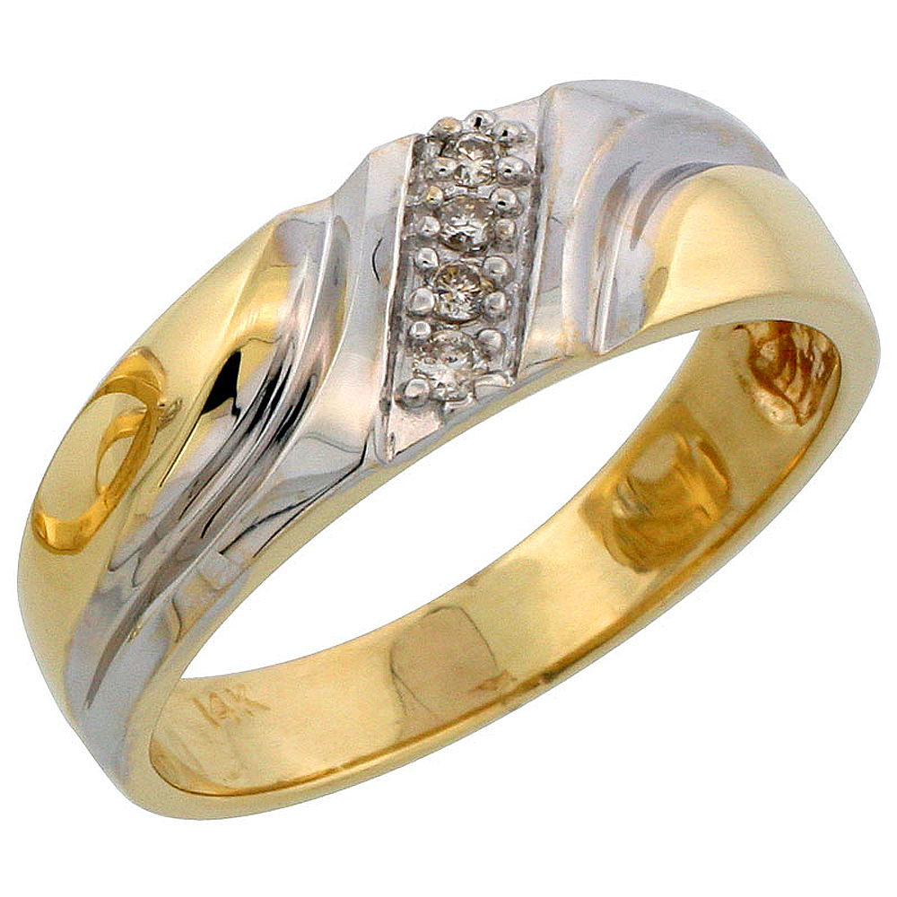 14k Gold Men's Diamond Band w/ Rhodium Accent, w/ 0.08 Carat Brilliant Cut Diamonds, 1/4 in. (7mm) wide