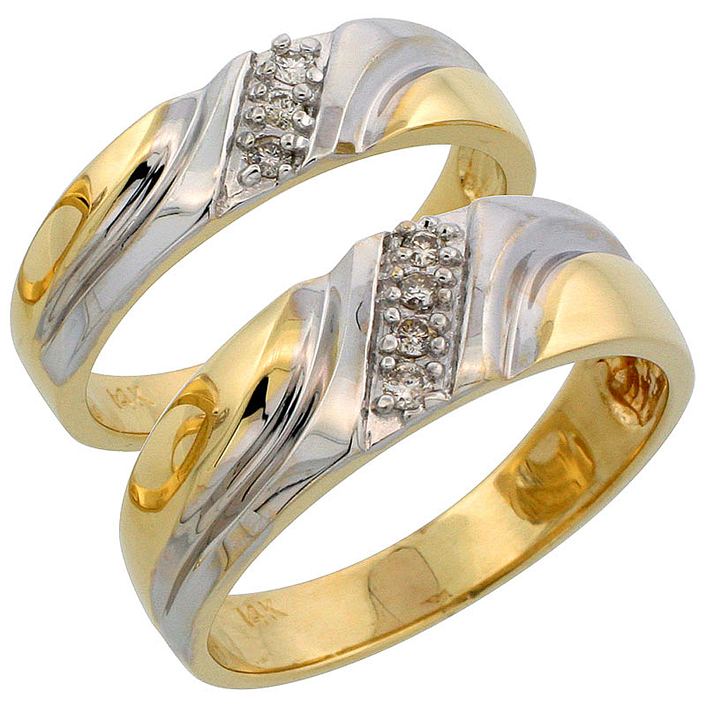 14k Gold 2-Piece His (7mm) & Hers (5mm) Diamond Wedding Band Set w/ Rhodium Accent, w/ 0.14 Carat Brilliant Cut Diamonds; (Ladies Size 5 to10; Men's Size 8 to 14)