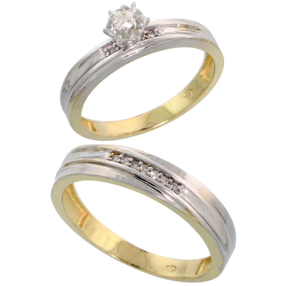 14k Gold 2-Piece Diamond Ring Set w/ Rhodium Accent ( Engagement Ring & Man's Wedding Band ), w/ 0.32 Carat Brilliant Cut Diamonds, ( 3.5mm; 5mm ) wide