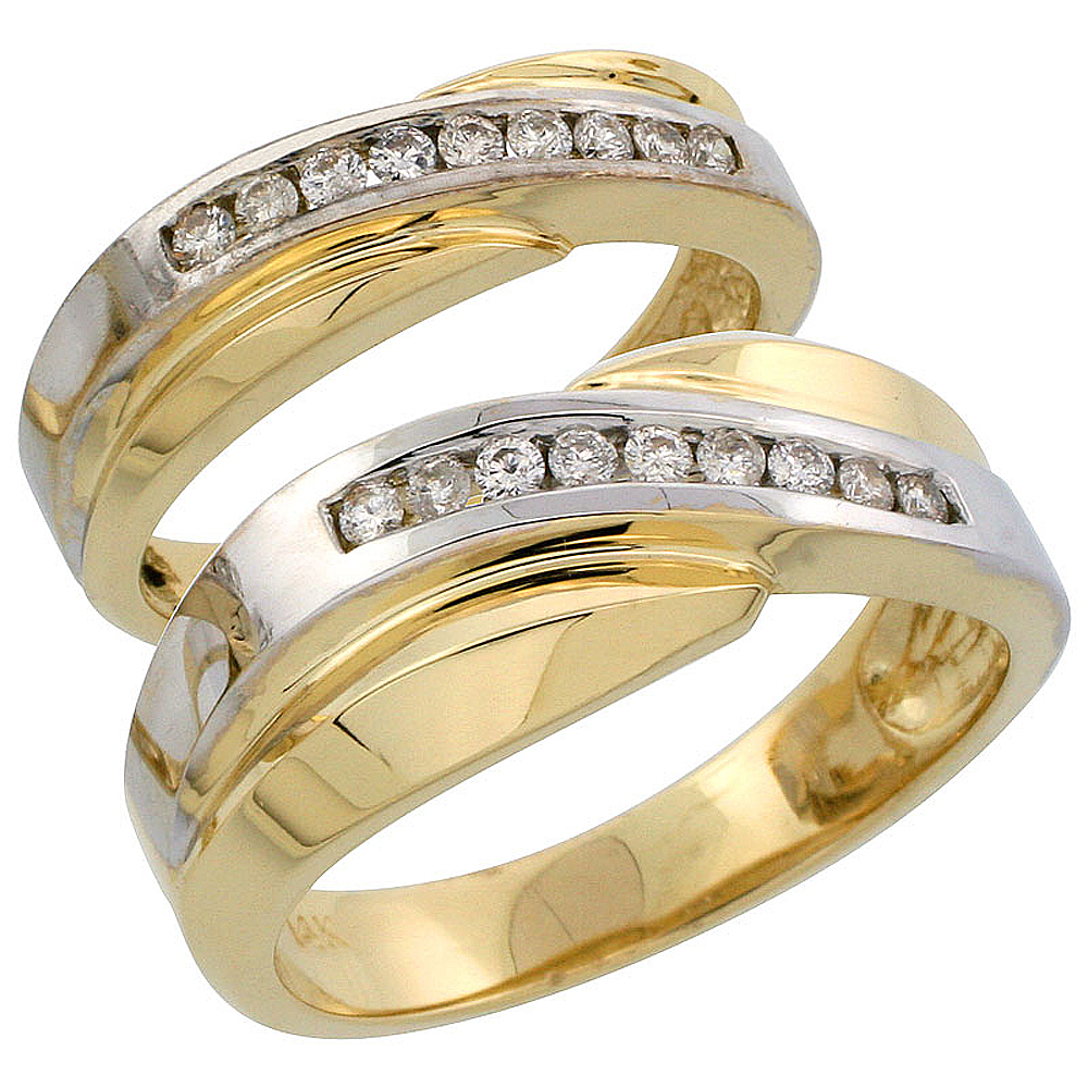 14k Gold 2-Piece His (8mm) & Hers (5mm) Diamond Wedding Band Set w/ Rhodium Accent, w/ 0.32 Carat Brilliant Cut Diamonds; (Ladies Size 5 to10; Men's Size 8 to 14)