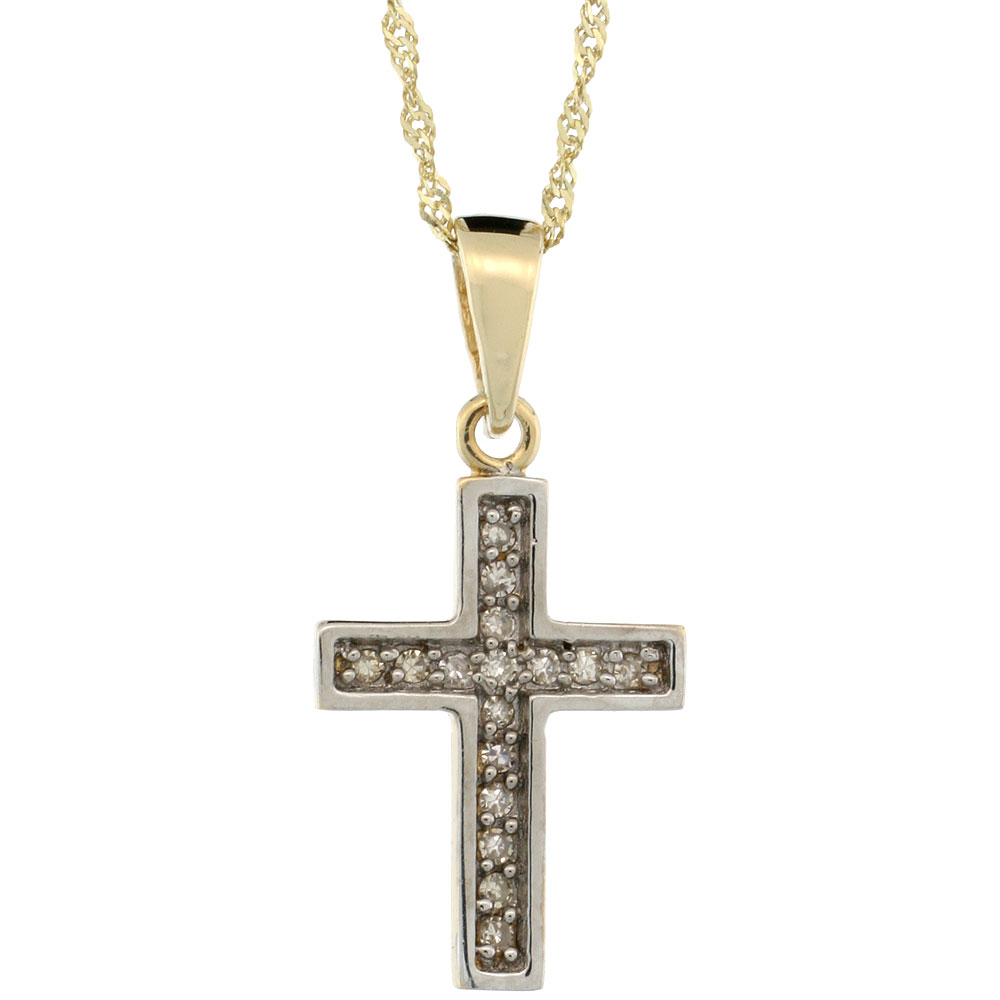 14k Gold 18 in. Chain & 11/16 in. (18mm) tall Small Diamond Latin Cross Pendant, w/ 0.10 Carat Brilliant Cut Diamonds