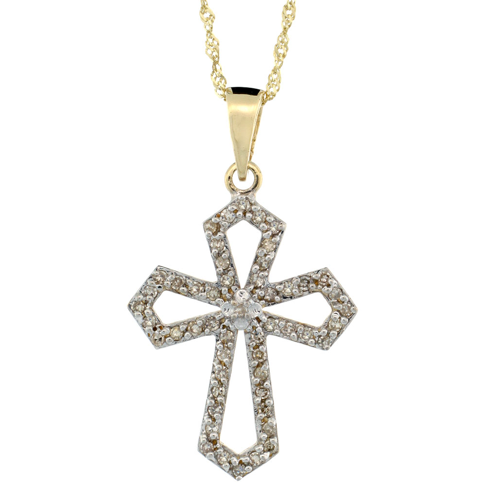 14k Gold 18 in. Chain & 7/8 in. (22mm) tall Diamond Gothic Cross Cut Out Pendant, w/ 0.31 Carat Brilliant Cut Diamonds