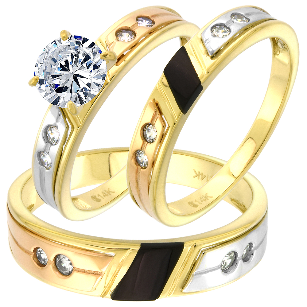 14k Tricolor Gold Cubic Zirconia Wedding Band for Women Black Stripe 3mm wide, size 5-10
