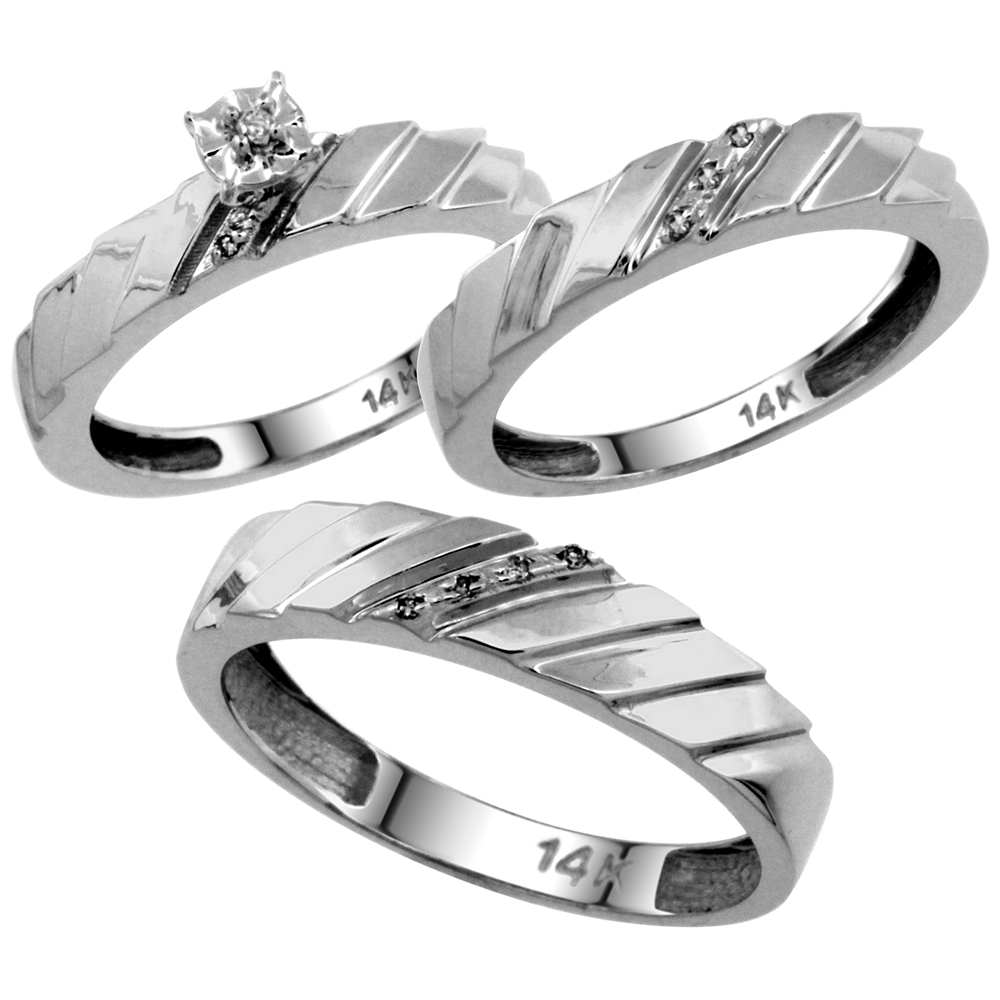 14k White Gold 2-Pc His (5mm) & Hers (4mm) Diamond Wedding Ring Band Set w/ 0.045 Carat Brilliant Cut Diamonds (Ladies' Sizes 5 to 10; Men's Sizes 8 to 14)