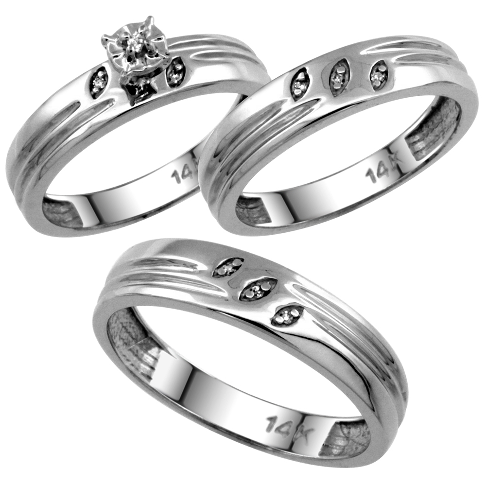 14k White Gold 3-Pc. Trio His (5mm) & Hers (4.5mm) Diamond Wedding Ring Band Set, w/ 0.075 Carat Brilliant Cut Diamonds (Ladies' Sizes 5-10; Men's Sizes 8 to 14)