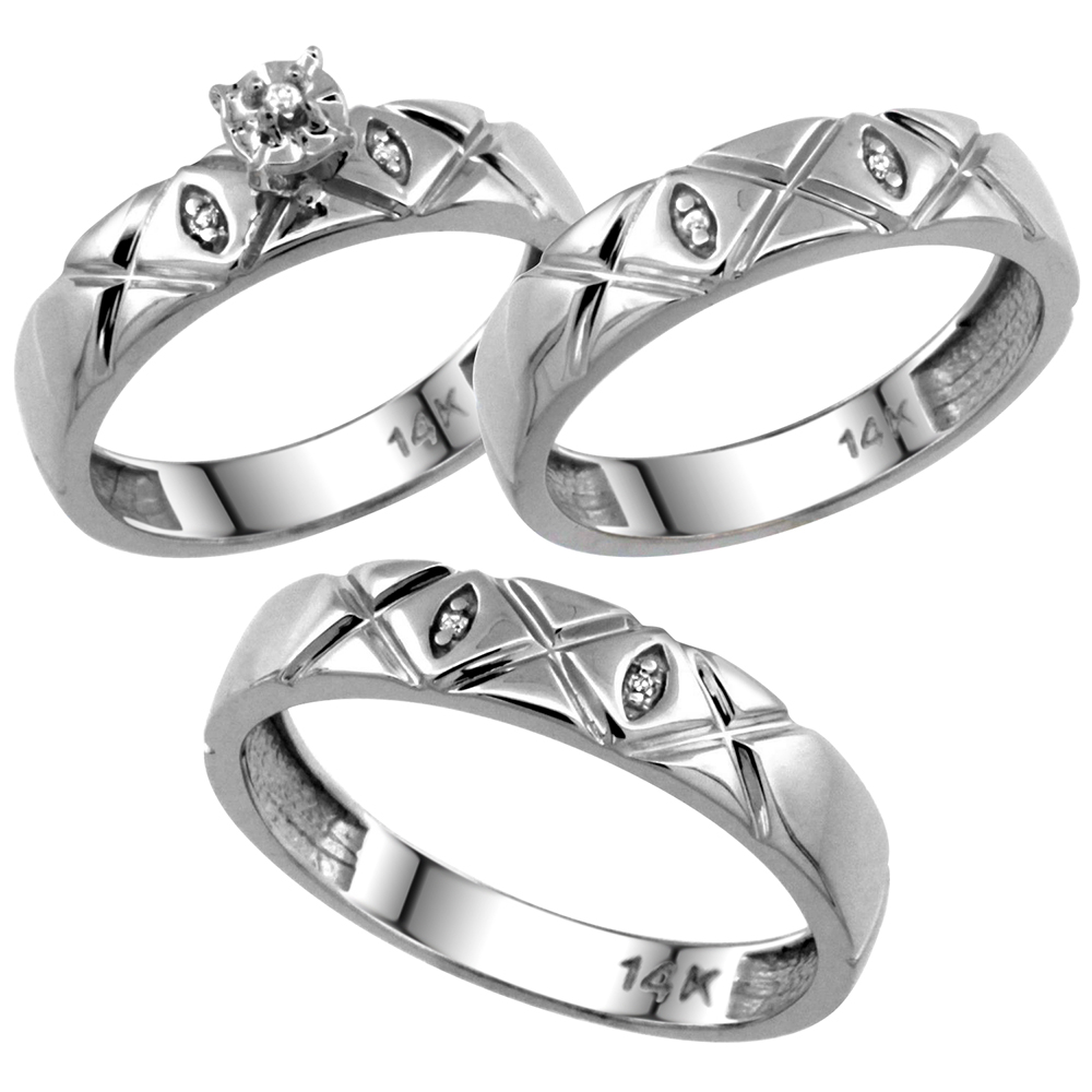 14k White Gold 3-Pc. Trio His (5mm) & Hers (4.5mm) Diamond Wedding Ring Band Set, w/ 0.056 Carat Brilliant Cut Diamonds (Ladies' Sizes 5-10; Men's Sizes 8 to 14)