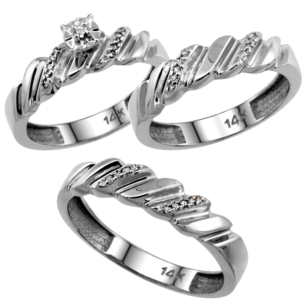 14k White Gold 2-Pc His (5mm) & Hers (5mm) Diamond Wedding Ring Band Set w/ 0.126 Carat Brilliant Cut Diamonds (Ladies' Sizes 5 to 10; Men's Sizes 8 to 14)