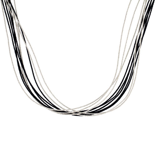 Japanese Silk Necklace 10 Strand Black &amp; Silver, Sterling Silver Clasp, 18 inch