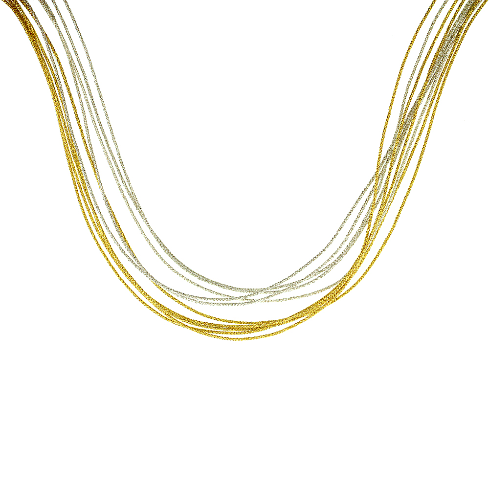 Japanese Silk Necklace 10 Strand Yellow & Silver, Sterling Silver Clasp, 18 inch