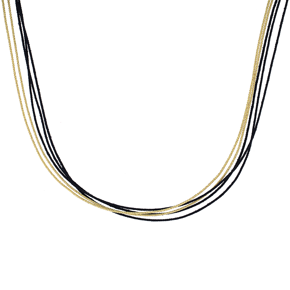 Japanese Silk Necklace 5 Strand Yellow and Black, Sterling Silver Clasp, 18 inch
