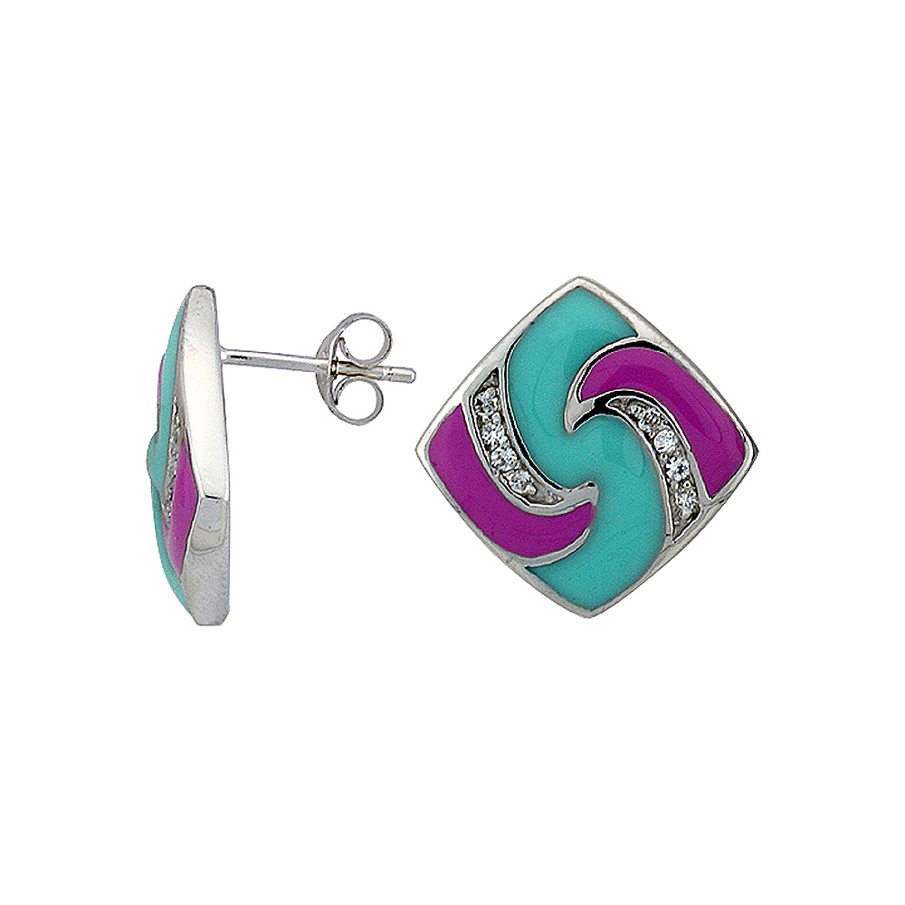 Sterling Silver 3/4" (19 mm) tall Post Earrings, Rhodium Plated w/ CZ Stones, Pink & Blue Enamel Designs
