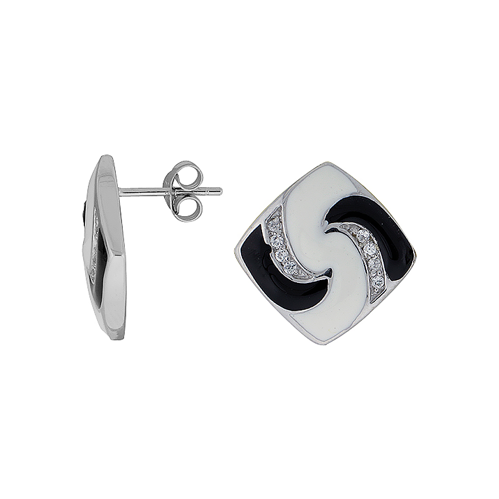 Sterling Silver 3/4&quot; (19 mm) tall Post Earrings, Rhodium Plated w/ CZ Stones, Black &amp; White Enamel Designs
