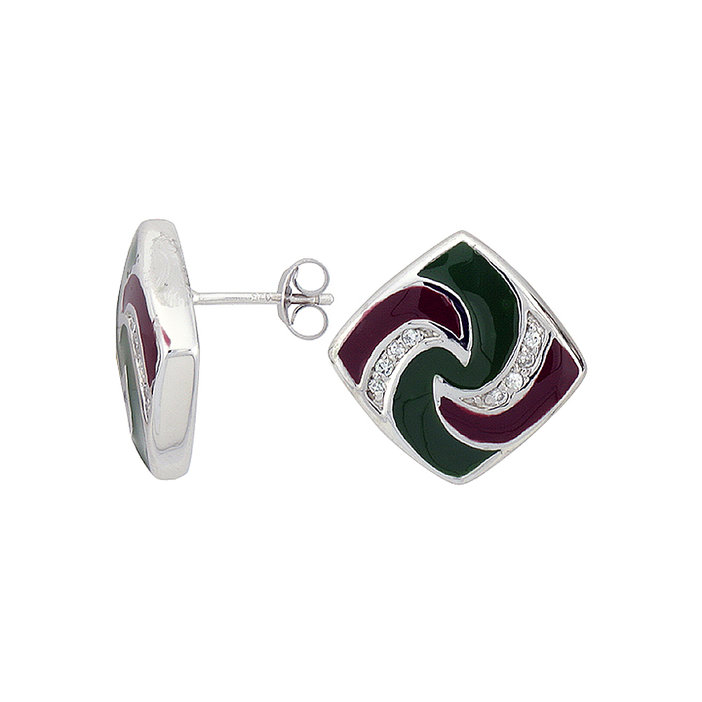 Sterling Silver 3/4" (19 mm) tall Post Earrings, Rhodium Plated w/ CZ Stones, Green & Red Enamel Designs