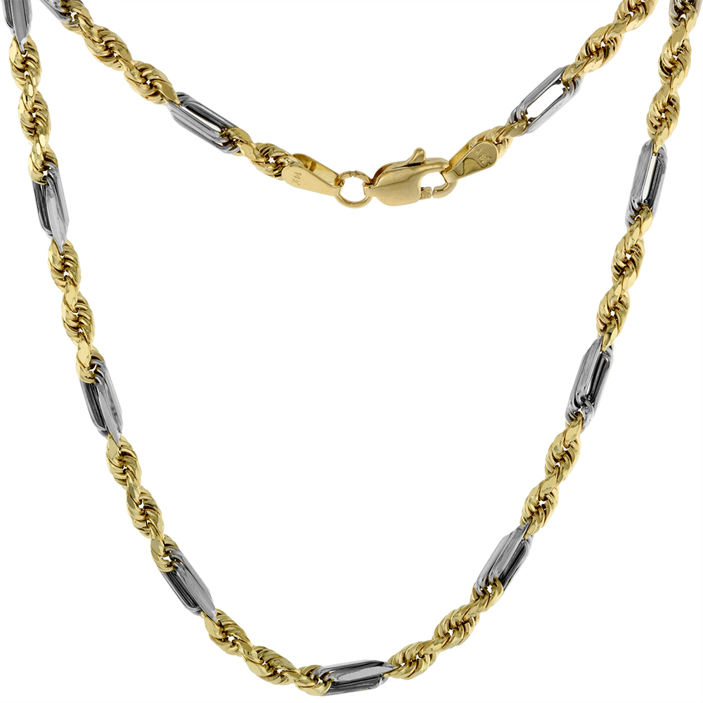 SEMI HOLLOW 14K 2-TONE GOLD 3MM MILANO ROPE FIGAROPE CHAIN NECKLACE & BRACELET FOR MEN & WOMEN HIGH POLISH 7-30 INCH