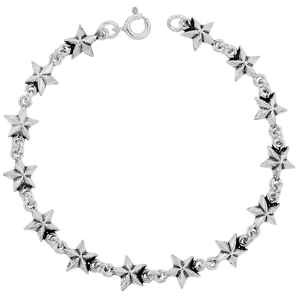 DAINTY STERLING SILVER STARS BRACELET FOR WOMEN 3/8 WIDE 7.5 INCH LONG