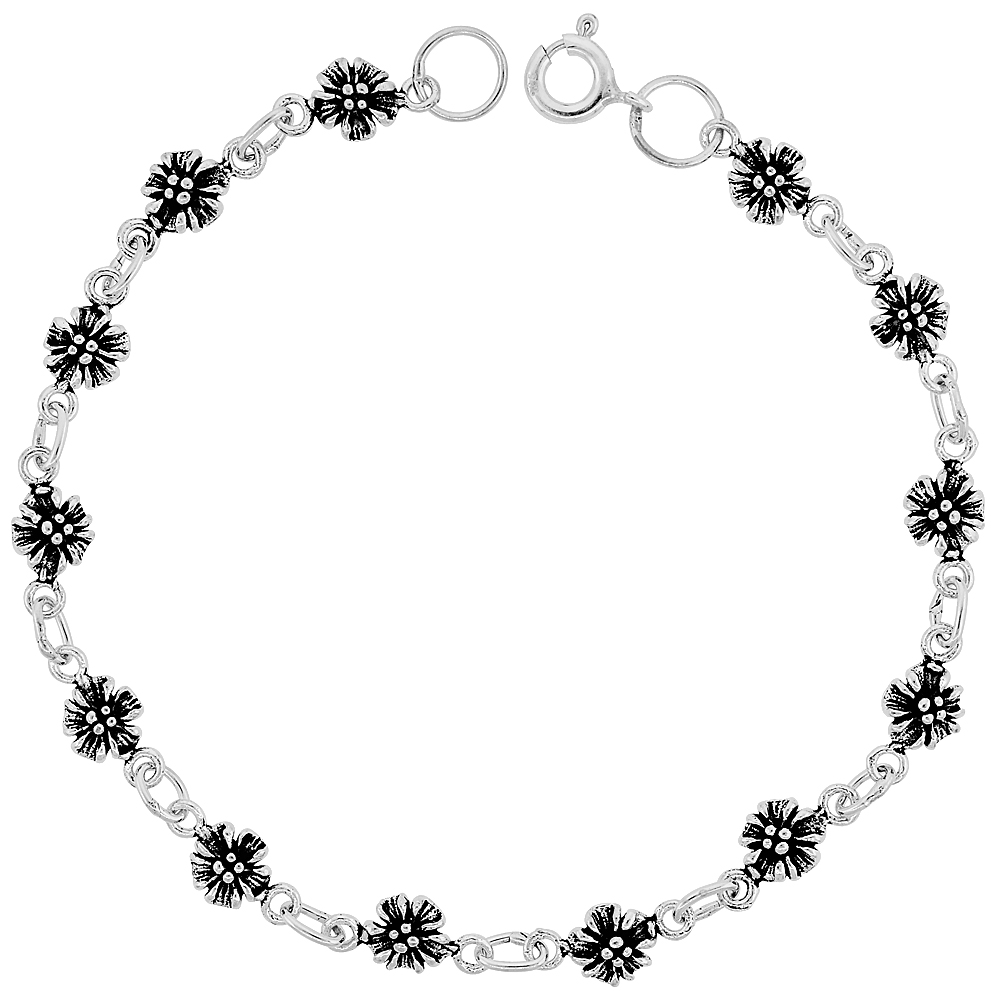 DAINTY STERLING SILVER FLOWER BRACELET FOR WOMEN 1/4 WIDE 7.5 INCH LONG