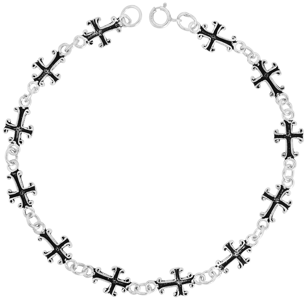 DAINTY STERLING SILVER CROSS BRACELET FOR WOMEN 5/16 WIDE 7.5 INCH LONG