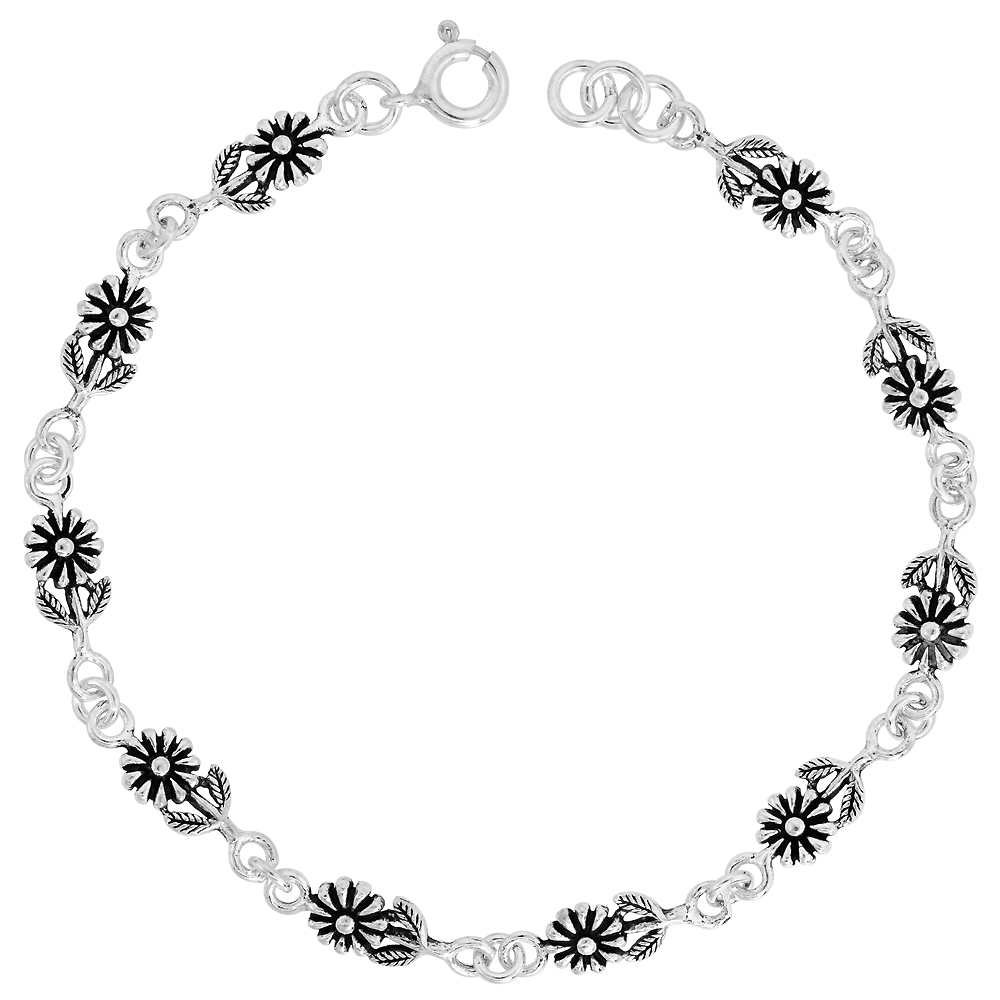 DAINTY STERLING SILVER FLOWER BRACELET FOR WOMEN 1/4 WIDE 7.5 INCH LONG