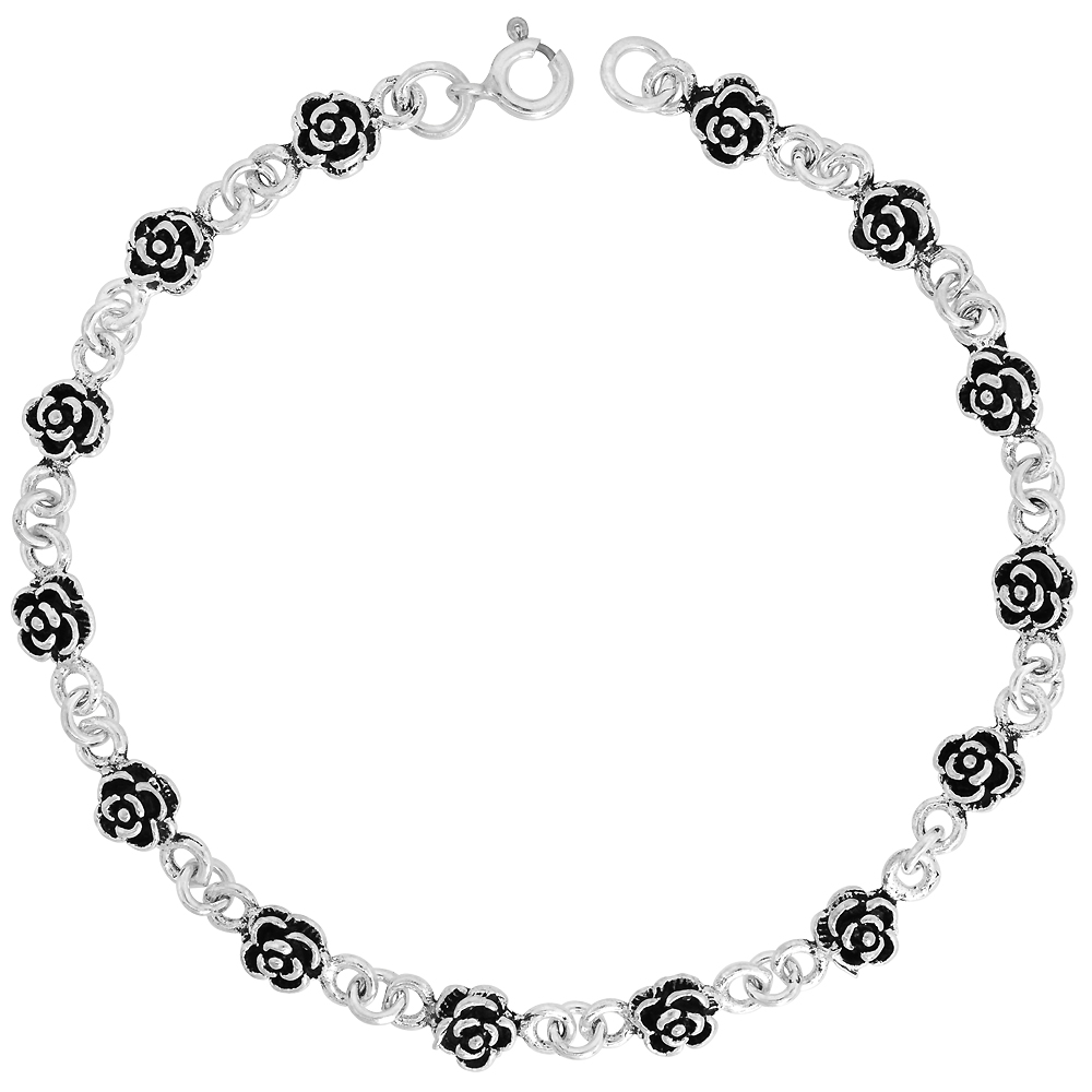DAINTY STERLING SILVER FLOWER BRACELET FOR WOMEN 1/4 WIDE 7.5 INCH LONG