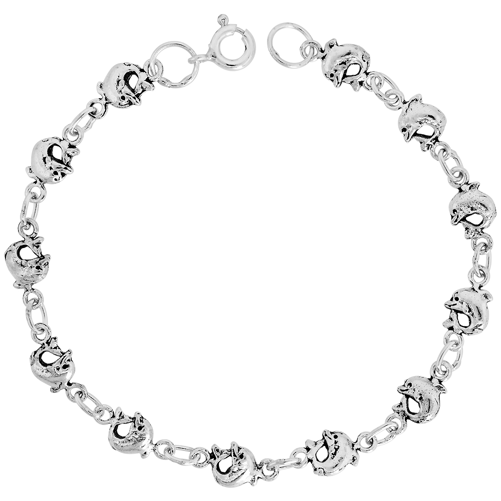 DAINTY STERLING SILVER DOLPHIN BRACELET FOR WOMEN 1/4 WIDE 7.5 INCH LONG