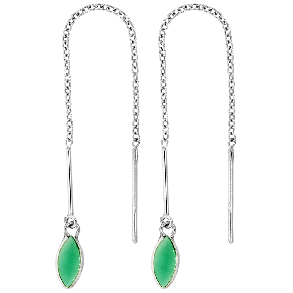 STERLING SILVER NATURAL GREEN ONYX THREADER EARRINGS FOR WOMEN HANDMADE 3 1/2 LONG