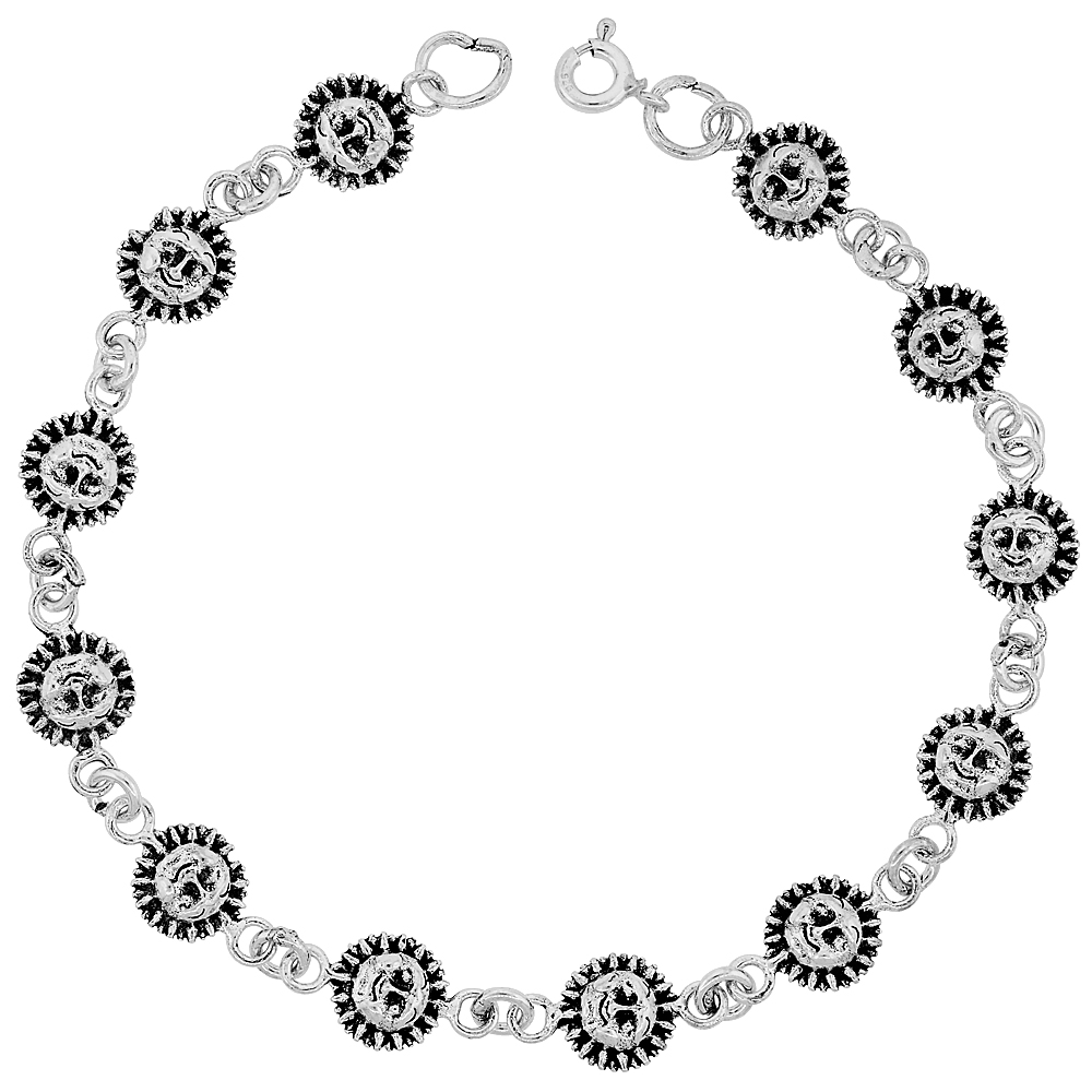 Dainty Sterling Silver Sun Bracelet for Women and Girls, 3/8 wide 7.5 inch long
