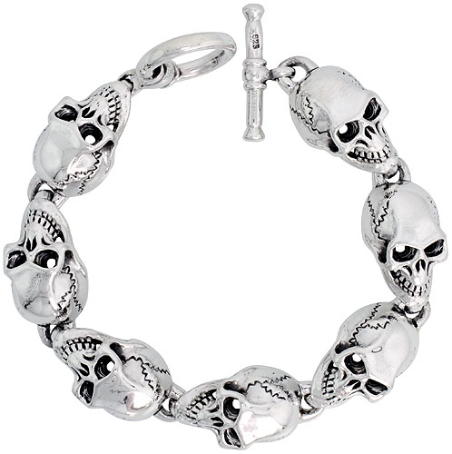 Sterling Silver Heavy Skull Bracelet for Men 9/16 inch wide, 8 inch long